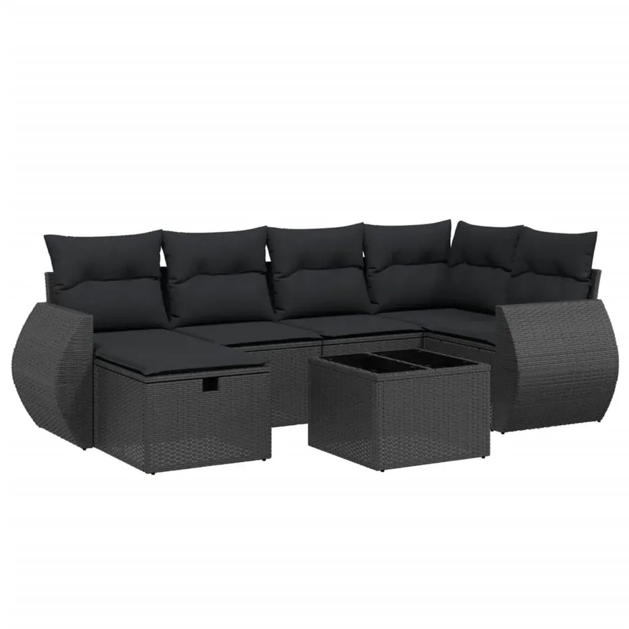 vidaXL 7-teilige Garten-Sofagarnitur in L-Form aus schwarzem Poly-Rattan mit Kissen und pulverbeschichtetem Stahlgestell - Bild 2
