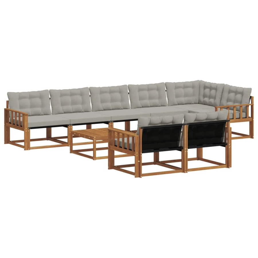 vidaXL Outdoor-Sofagarnitur 9-tlg. aus massivem Akazienholz mit Textilene und Kissen, L-Form, Grau/Natur - Bild 2