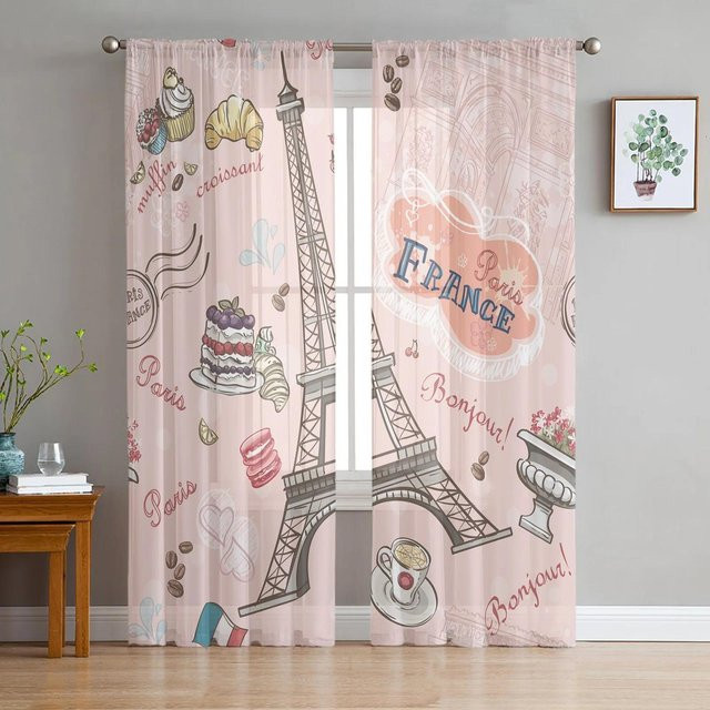 Yiran Furniture Transparentes Tüll-Gardinen Set mit Pariser Straße Motiv in Pink, Organza-Vorhang für Wohnzimmer und Schlafzimmer, Breite: 135 cm, Höhe: 115 cm - Bild 1