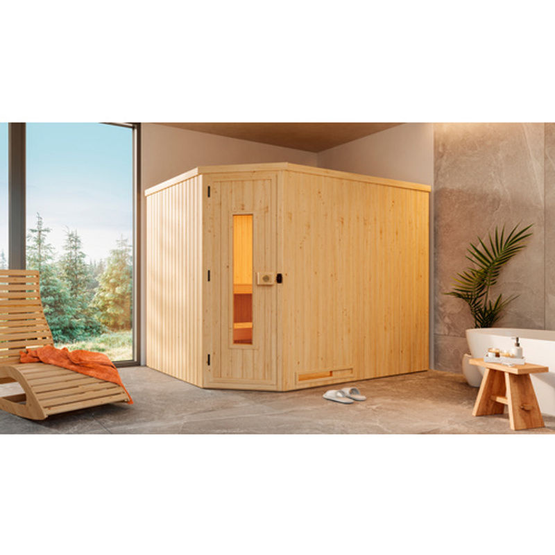 WEKA Ecksauna Varberg 4 für 6 Personen inklusive 9 kW Ofen mit integrierter Steuerung und Kompakt Holztür in Braun - Bild 2