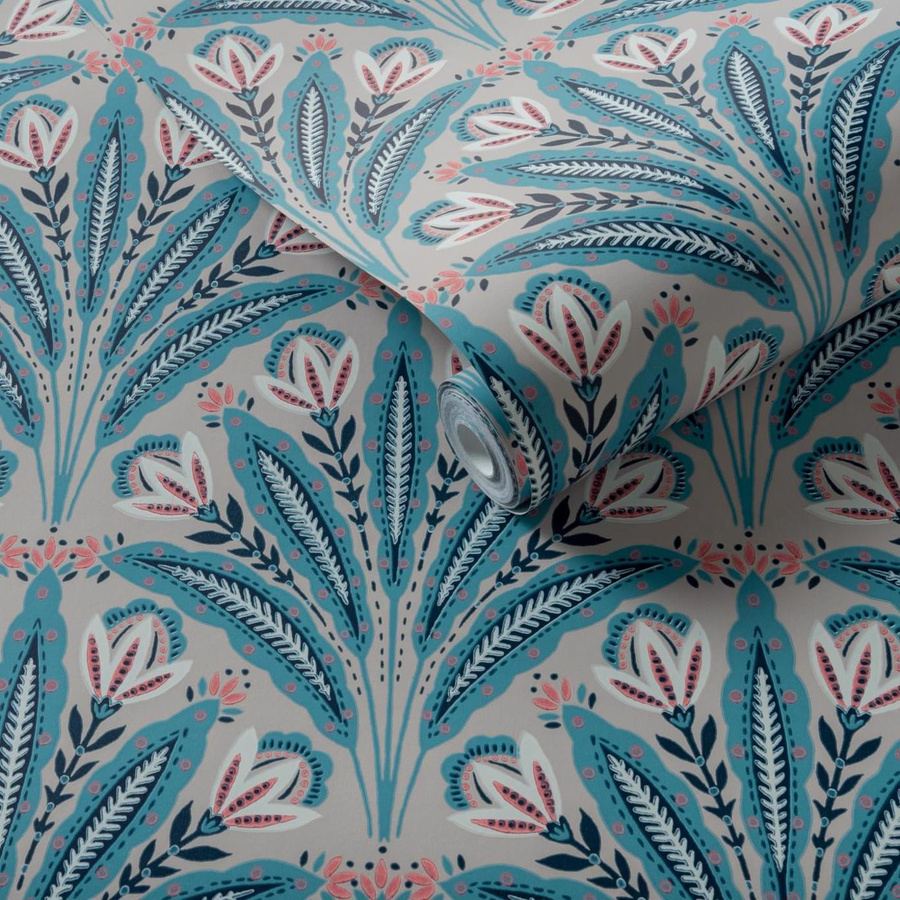 Clarke & Clarke Wallpaper Attingham Mineral in Türkis und Multicolour mit floralem Art-Deco-Design und botanischem Muster als Vlies Tapete in Matt - Bild 1