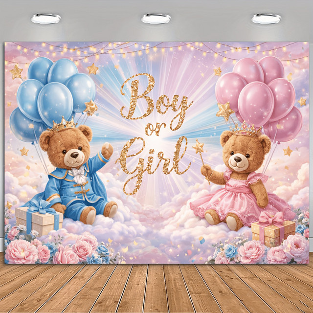 OURFETE Gender Reveal Hintergrund mit Teddybär Motiv in Blau und Rosa für deine Babyparty - Bild 1