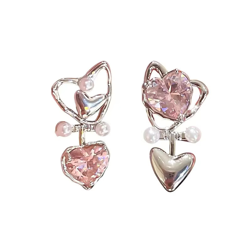 Yerik Ohrstecker, Rosa Herz-Zirkonia, Perle, Silber, Damen, Vintage - Bild 5