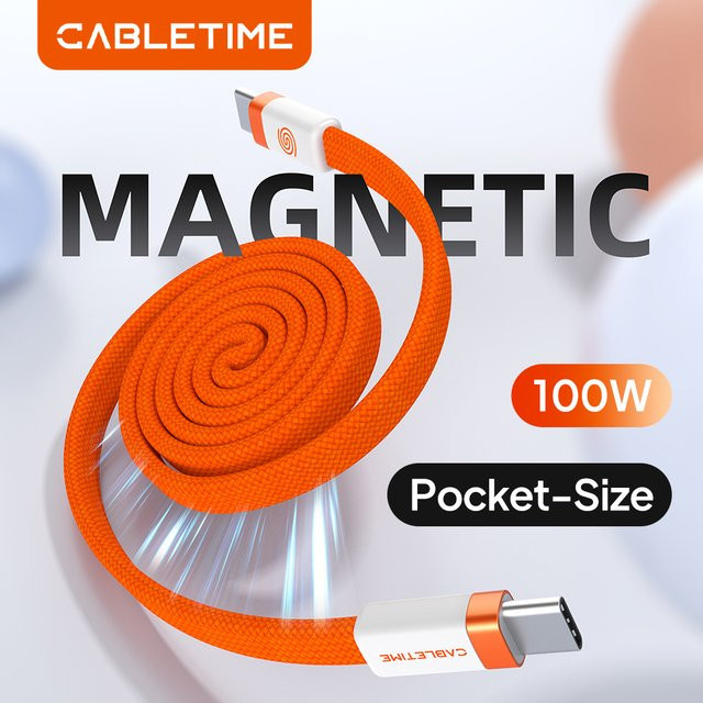 CABLETIME USB-C Flachkabel Magnetisch, PD 100W, 480Mbps Hochgeschwindigkeitsübertragung, Orange - Bild 1