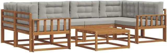 vidaXL Outdoor-Sofagarnitur L-Form aus Akazienholz mit 7 Kissen in Natur und Hellgrau - Bild 1