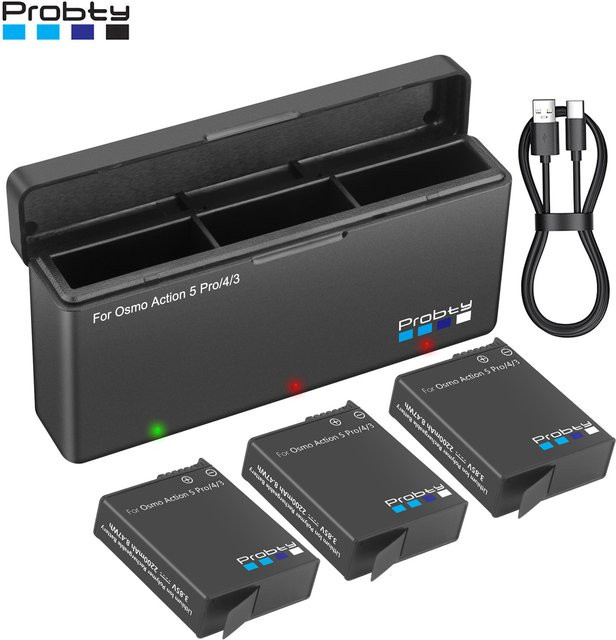 Probty Ersatzakku 2200mAh mit Ladebox für DJI Osmo Action 6/5 Pro/4/3 und Osmo 360 in Schwarz - Bild 1