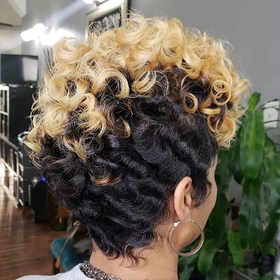 OYM HAIR Pixie Perücke, kurze lockige Echthaar-Perücke, Farbe 1B27, Damen - Bild 2