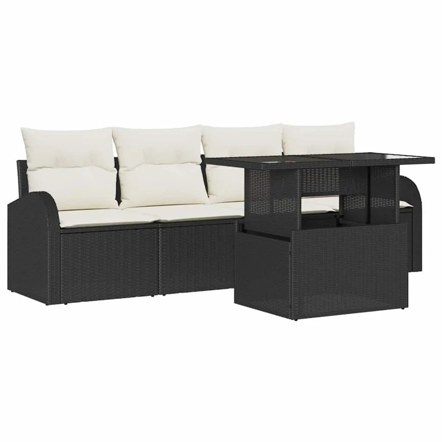 vidaXL Garten-Sofa-Set 5-teilig aus Poly Rattan und pulverbeschichtetem Stahl in Schwarz mit Kissen und Tisch - Bild 2