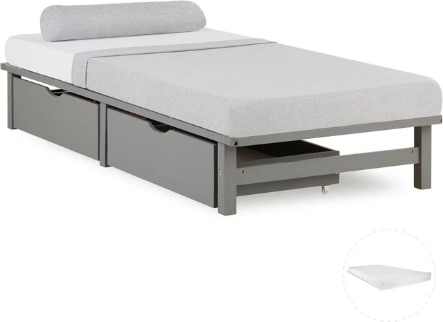 Homestyle4u Palettenbett Jugendbett aus Kiefernholz mit Matratze und 2 Bettkästen in Grau, B/T/H: 90 x 200 x 28 cm - Bild 1