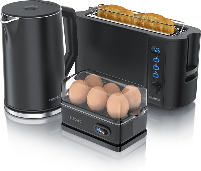 Arendo Frühstücks-Set in Schwarz mit 1,5l Wasserkocher, 2-Scheiben Toaster und 6er Eierkocher - Bild 1
