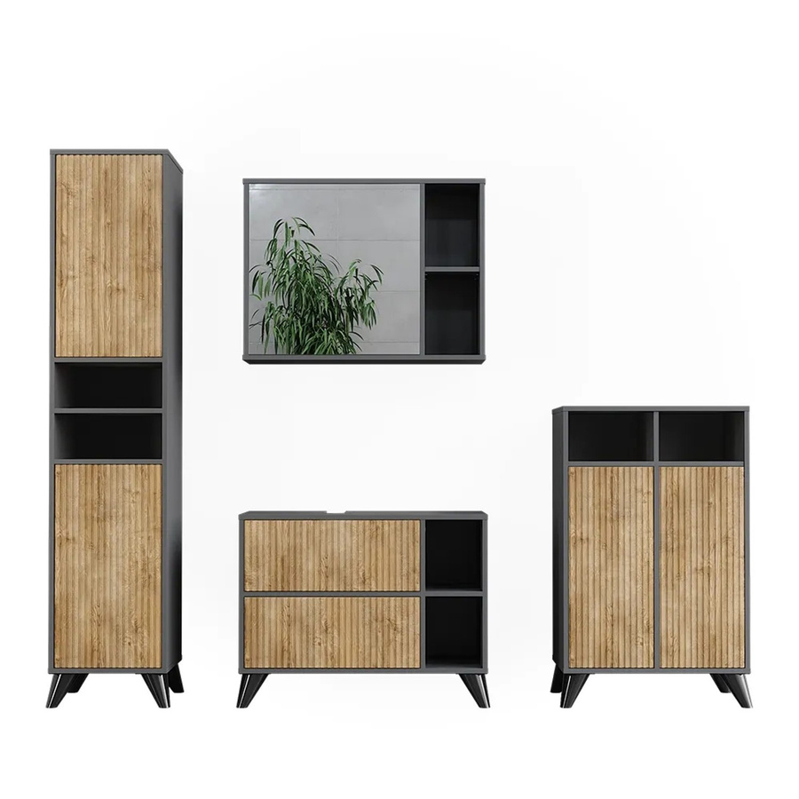 Vicco Badmöbel-Set Leano in Anthrazit und Bergeiche mit LED-Beleuchtung, bestehend aus Waschtischunterschrank, Spiegelschrank, Hochschrank und Wandschrank, Breite: 80 cm - Bild 2