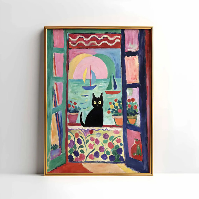 Henri Matisse Cat Print Modernes Poster mit Katzenmotiv und floralen Elementen in Mehrfarbig auf Papier - Bild 1