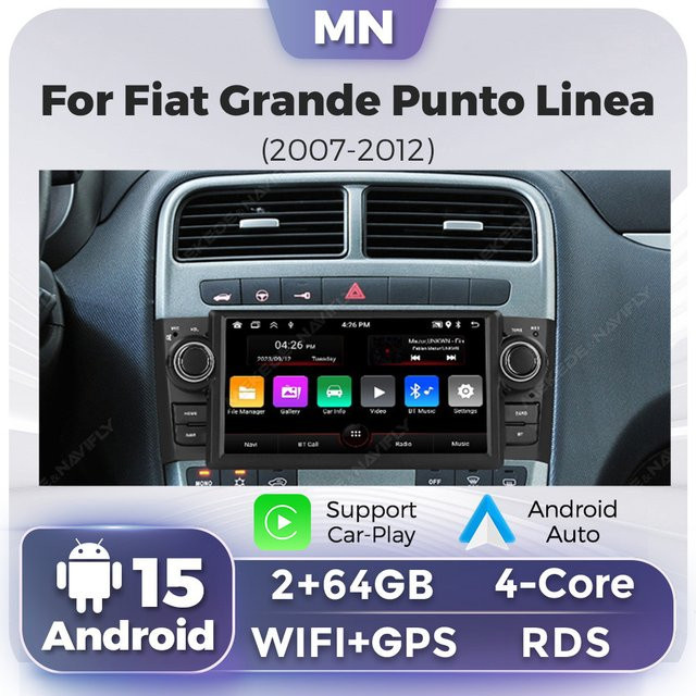 NAVIFANS Android 15 Autoradio mit Carplay und GPS Navigation für Fiat Grande Punto Linea 2013-2017, Schwarz - Bild 1
