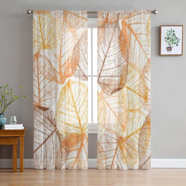Binchi Outdoor Equipment Transparente Fenstervorhänge mit floralem Blättermuster aus Tüll und Chiffon, B/H: 135 x 160 cm - Bild 1