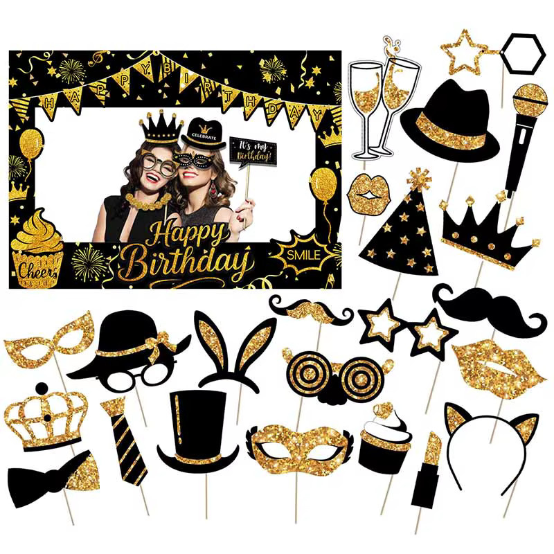 WEHRPARTY Goldglitter Happy Birthday Rahmen-Set, Fotobox-Requisiten, 37-teiliges Set - Bild 4