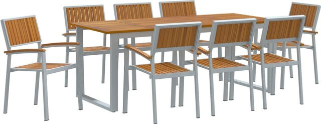 vidaXL 9-tlg Garten-Essgruppe modern in Grau aus pulverbeschichtetem Stahl und Akazienholz - Bild 1
