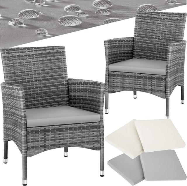 tectake 2er Set Rattanstuhl mit Sitzkissen und Armlehnen, Grau/Beige, B/T/H: 59 x 57 x 85 cm - Bild 1