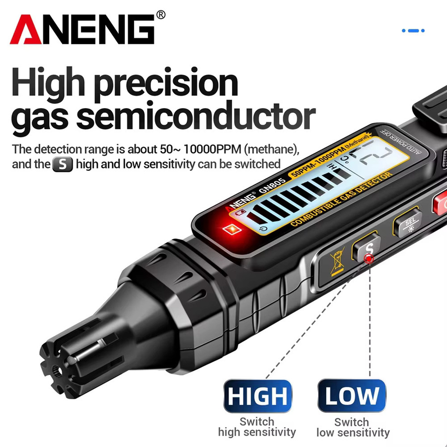 ANENG GN805 Tragbarer Gasleck-Detektor in Schwarz mit einstellbarer Empfindlichkeit und Ton- sowie Lichtalarm für Erdgas, LPG und Propangas - Bild 4