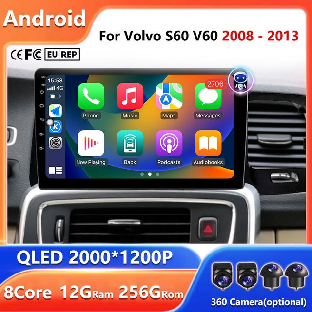 Android 16 Autoradio für Volvo S60 V60 2008–2013 mit GPS, Video Player, Multimedia, DSP Stereo und CarPlay in Schwarz - Bild 1