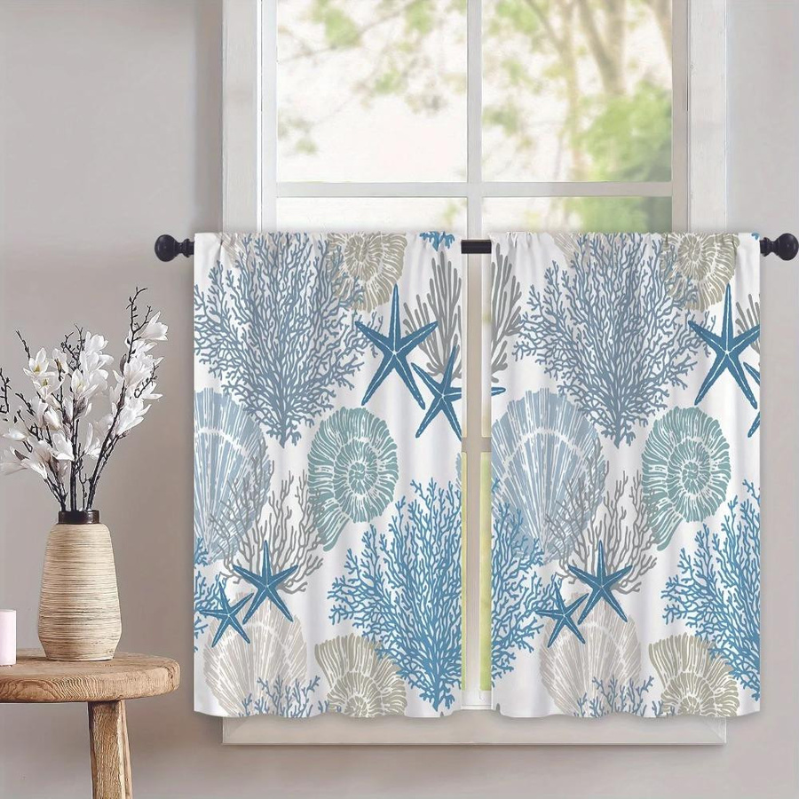 2er-Set Yiran Furniture Küchenvorhang Seestern Design Nautisch Sommer Fensterdekoration aus Polyester, B: 70 cm, H: 107 cm - Bild 1