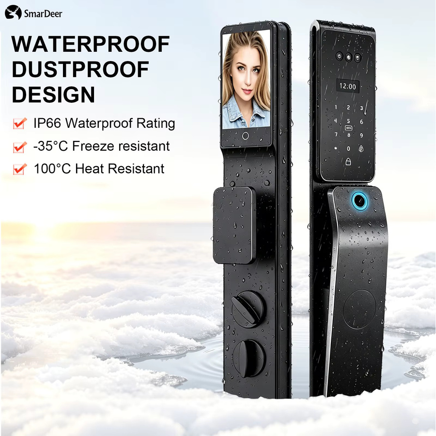 SmarDeer Smart Lock IP66 Wasserdicht mit 3D-Gesichtserkennung und Fingerabdruck, Tuya Elektronisches Türschloss, Schwarz - Bild 2