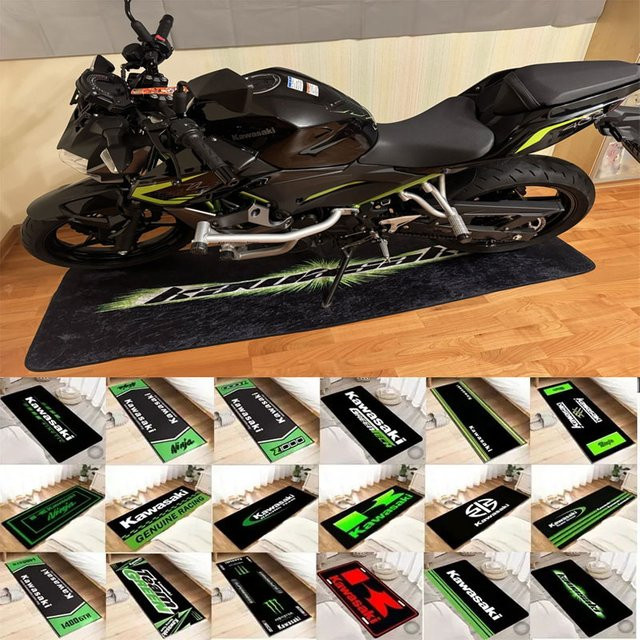 Kawasaki Motorrad Teppich für die Garage, rutschfeste Bodenmatte in Schwarz, rechteckig aus Polyester - Bild 1