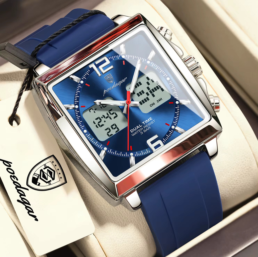 POEDAGAR Herren Armbanduhr, Quarz, Digitaluhr, eckig, Silber, Silikon - Bild 2