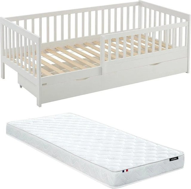 Vente-unique Bettrahmen Proviati in Weiß mit Schubladen aus Kiefer und MDF, zeitgenössisches Design, B/T/H: 80–90 x 190/200 cm - Bild 1