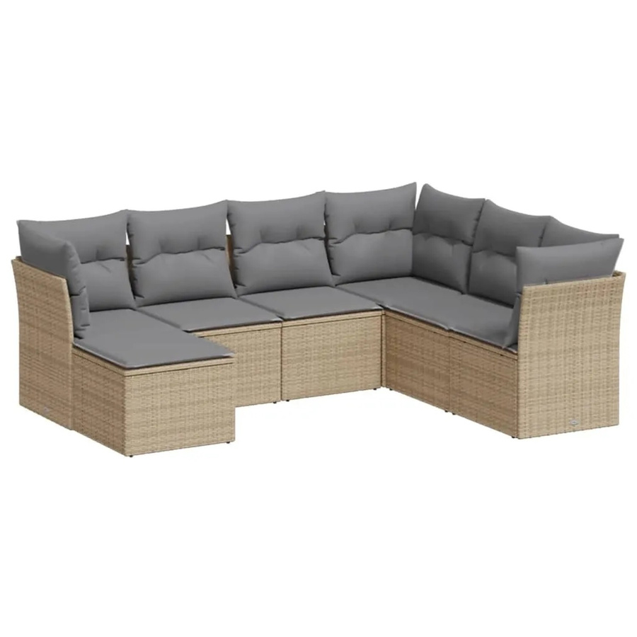 vidaXL 7-tlg Garten-Sofagarnitur in L-Form aus PE-Rattan und pulverbeschichtetem Stahl mit Kissen in Beige - Bild 2