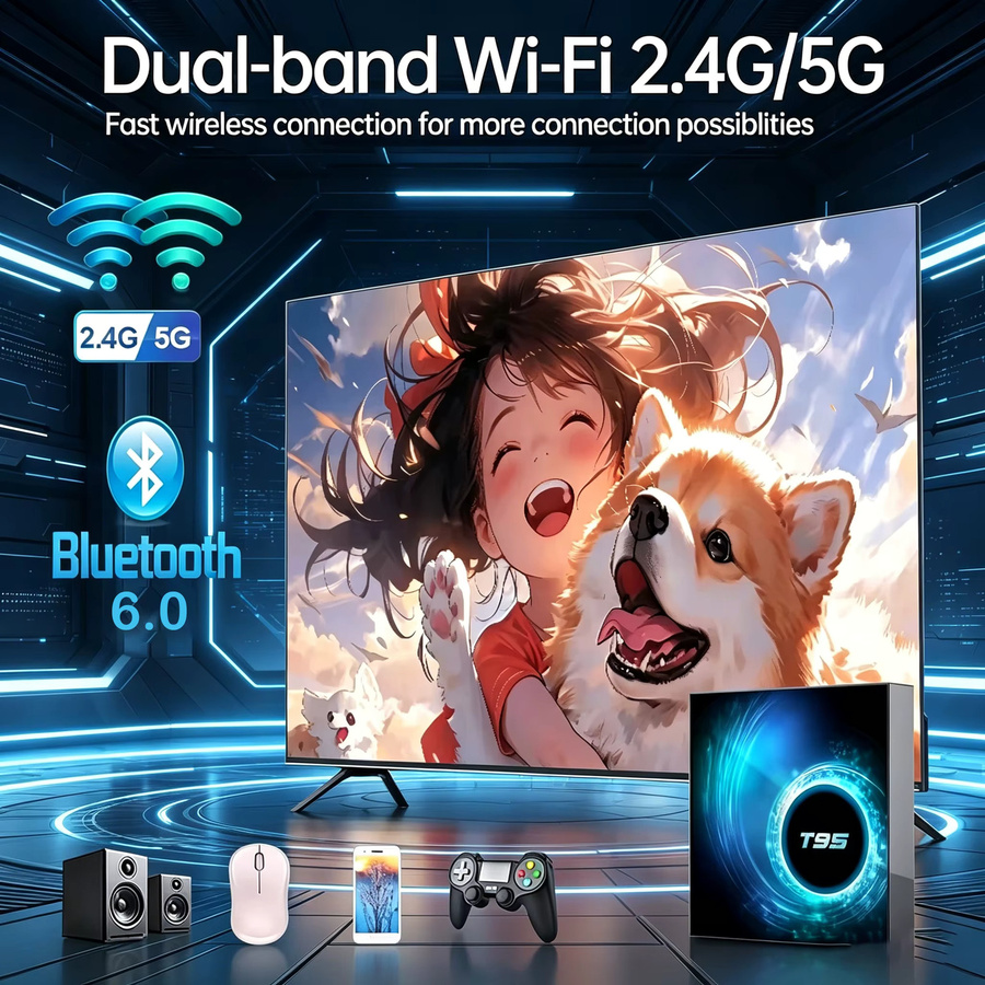 T95 Smart TV Box Android 16 Media Streamer mit 8GB RAM und 256GB Speicher, Allwinner H616, 8K Unterstützung, Netflix, Google Assistant, WLAN 5G und Bluetooth 6.0, Schwarz - Bild 2
