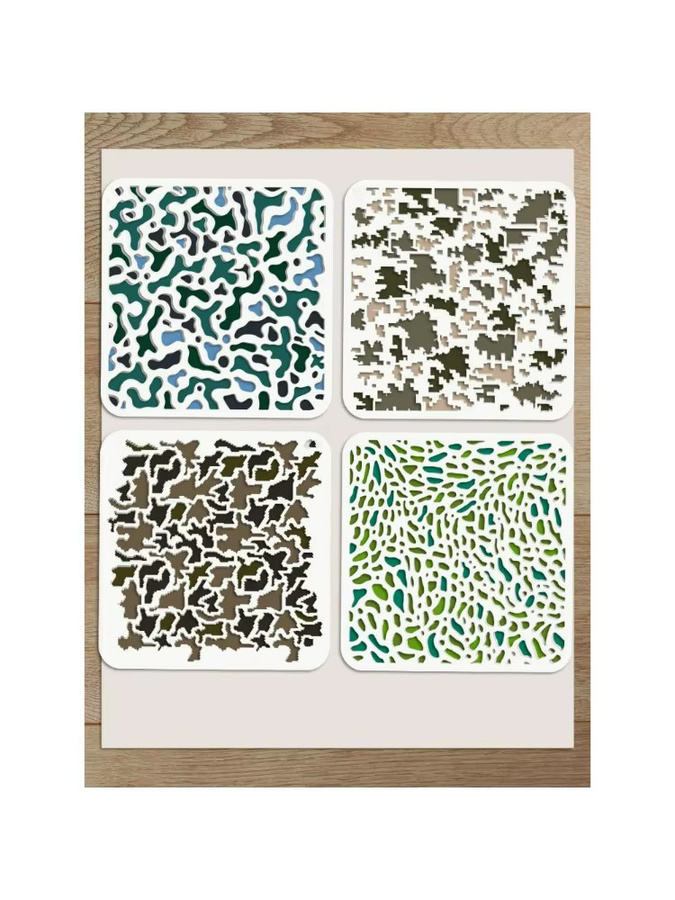 4 Stück Camo-Malschablonen mit Pinsel, wiederverwendbare Tarnung-Zeichnungsvorlagen für Bastelarbeiten, B/B: 30 x 30 cm - Bild 2