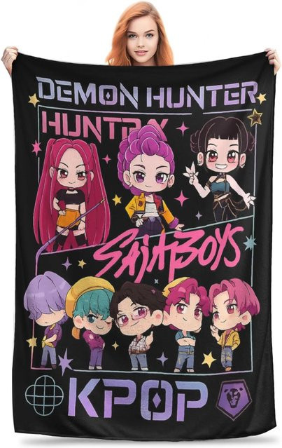 Huntrix Kpop Dämonenjäger Korallenfleece Überwurfdecke aus weichem Plüsch, Mehrfarbig, B: 150 cm, T: 125 cm - Bild 1