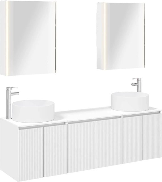 vidaXL Badezimmerschrank-Set in Weiß, 5-teiliges modernes Set aus Holzwerkstoff mit Waschtischunterschrank, Wandunterschrank, Spiegelschrank, LED-Beleuchtung und internen Regalen, matt - Bild 1