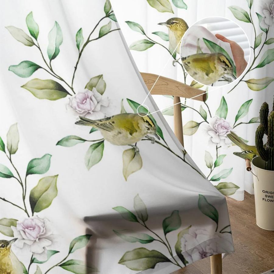 Yiran Furniture Transparente Vorhänge mit Blumen Pflanzen und Vögeln im Aquarell-Design aus Tüll und Organza, Breite: 135 cm, Höhe: 115 cm - Bild 2