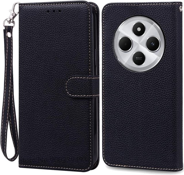 Xiaomi Redmi 14C 4G Hülle aus weichem Silikon und PU-Leder als Brieftasche und Standfunktion in Schwarz - Bild 1