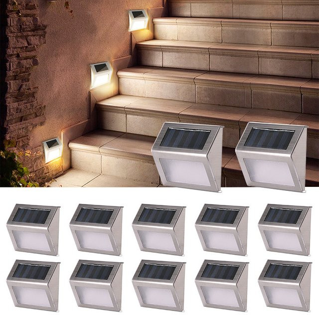 ZTree Solar-Stufenleuchten aus Edelstahl in Silber mit 3 LEDs, IP65 wasserdicht für Garten, Terrasse und Treppen - Bild 1