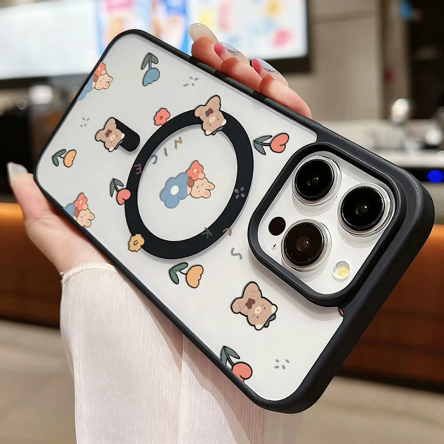Magnetische Handyhülle mit Blumenbär Design für iPhone 11 bis iPhone 17 Pro Max, matte transparente Abdeckung mit kabelloser Ladefunktion und Stoßschutz - Bild 4