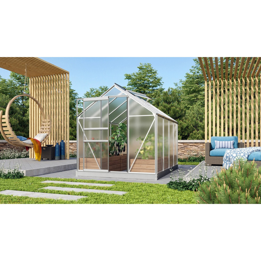 Vitavia Gewächshaus Venus 5000 HKP in Silber mit Aluminiumrahmen, Polycarbonat-Verglasung, Schiebetür, Dachfenster, Regenrinnen und Fundamentrahmen - Bild 2