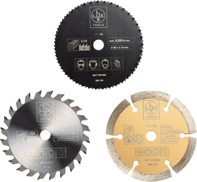 LUX-TOOLS Minikreissägeblatt-Set aus Stahl für Holz, 3-teilig, Durchmesser: 85 mm - Bild 1
