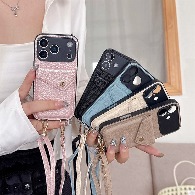 szHAIyu Leder Handyhülle mit Crossbody Strap Lanyard und Kartenhalter für iPhone 17 Air 16 15 14 Plus 13 12 11 Pro Max in Schwarz - Bild 1