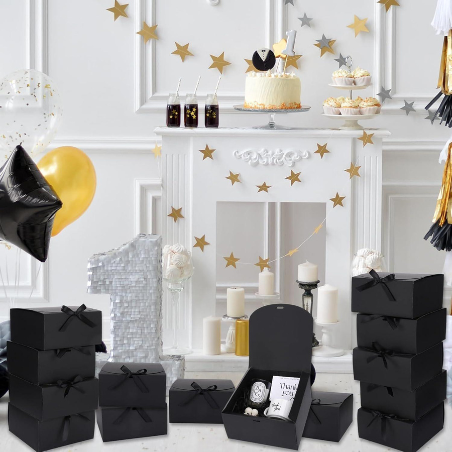 12er Set WTEMPO Geschenkboxen aus Kraftpapier mit Schleife, Schwarz, B/T/H: 20,32 x 20,32 x 10,16 cm - Bild 3