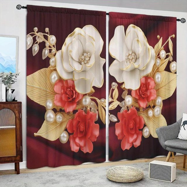 2er-Set Blumen Vorhang mit floralem Druck in Braun, halbtransparent, B: 52,5 cm, H: 116 cm - Bild 1