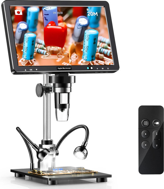 RIEVBCAU HDMI Digitalmikroskop mit 10,1 Zoll Display, 2000X Vergrößerung, 20 MP und 10 LEDs, Schwarz, ideal als Lötmikroskop für Elektronik und PCB-Reparaturen - Bild 1