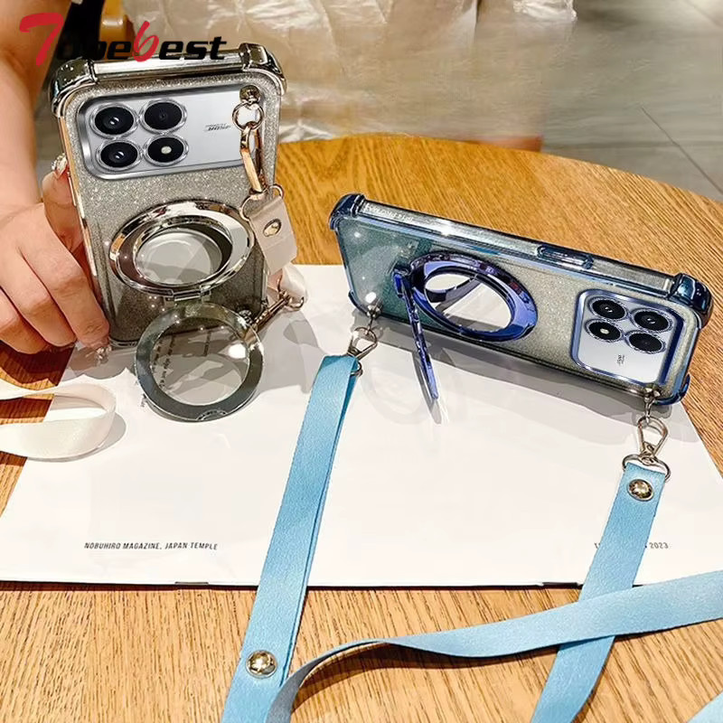 Glitzernde Silikon Handyhülle mit Crossbody Lanyard und Spiegel für Xiaomi Poco F8, F7 Ultra und F6 Pro in Lila - Bild 1
