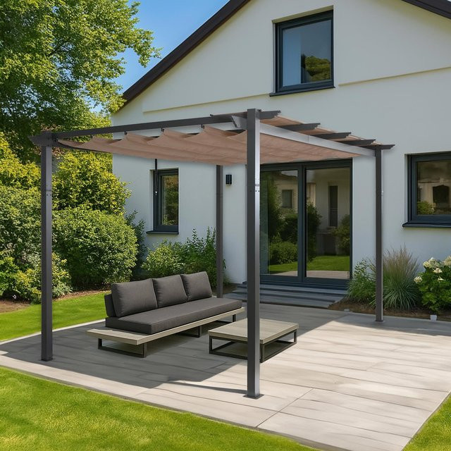 Aluminium Pergola MCW-N93 mit Schiebedach in Taupe, B/T: 300 x 300 cm, Höhe: 240 cm - Bild 1