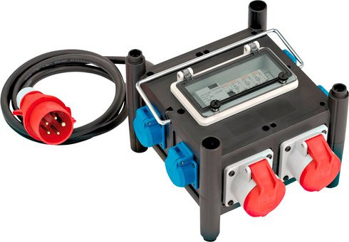 Brennenstuhl Gummi-Stromverteiler BSV 3 FI/16 2 IP44 mit 2x CEE 400V/16A und 5x 230V/16A Schutzkontakt-Steckdosen, Kabellänge: 2 m, Farben: Rot, Blau, Schwarz - Bild 1