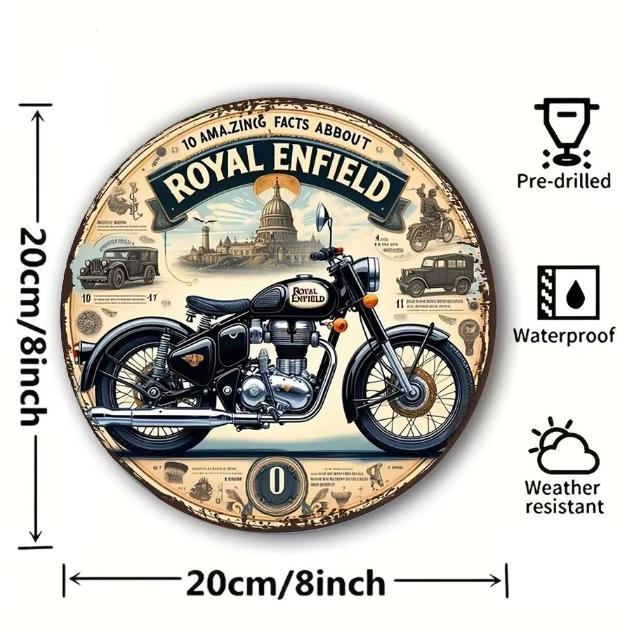 Royal Enfield Vintage Metallschild – Rundes Wandkunst-Dekor mit Motorrad und Big Ben, Durchmesser: 20 cm - Bild 2
