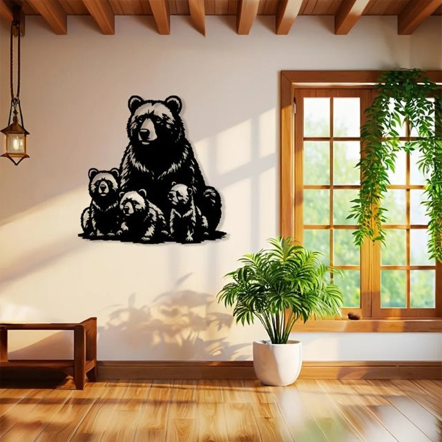 CIFBUY Metall-Wandkunst Eisenbären-Familie als 2D Wildtier-Silhouette in Schwarz zur Heimdekoration - Bild 1