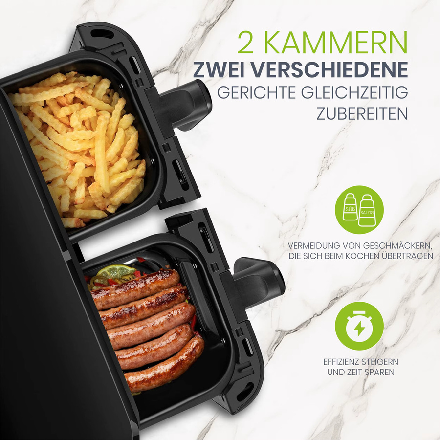 Sinaopus Doppelkorb Heißluftfritteuse mit 10 Litern Volumen, 2400 W, Dual Zone Technologie, LED-Touch-Steuerung, Schwarz - Bild 2