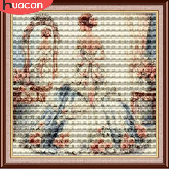 HUACAN Kreuzstichset Mädchen Porträt mit Rosen und DMC Fäden, bedruckte Leinwand, B/H: 30 x 30 cm - Bild 1
